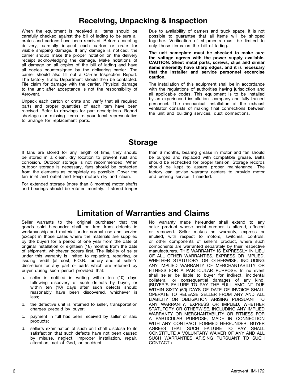 Storage | Aerovent IM-172 User Manual | Page 2 / 16