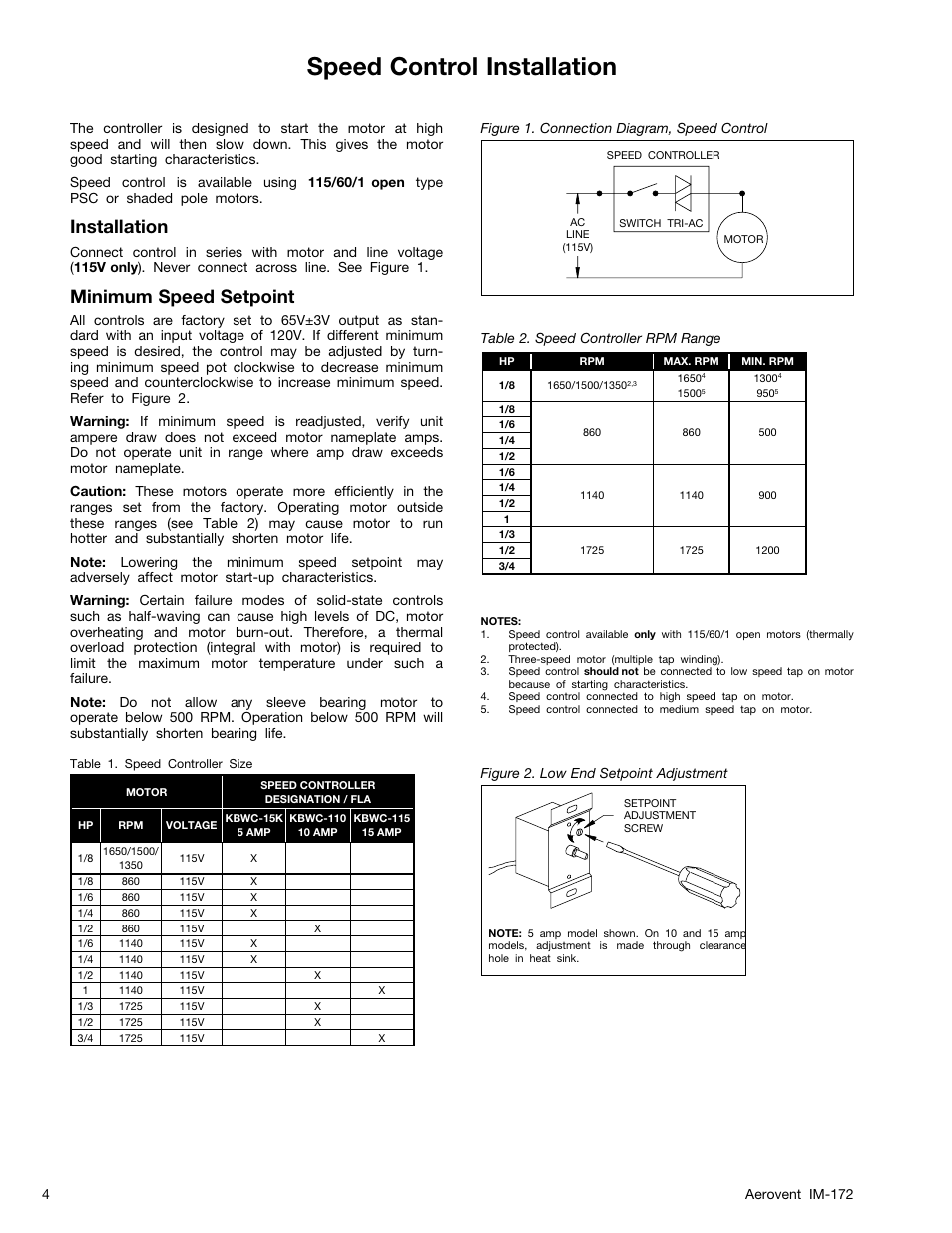 Speed control installation, Installation, Minimum speed setpoint | Aerovent IM-172 User Manual | Page 4 / 16