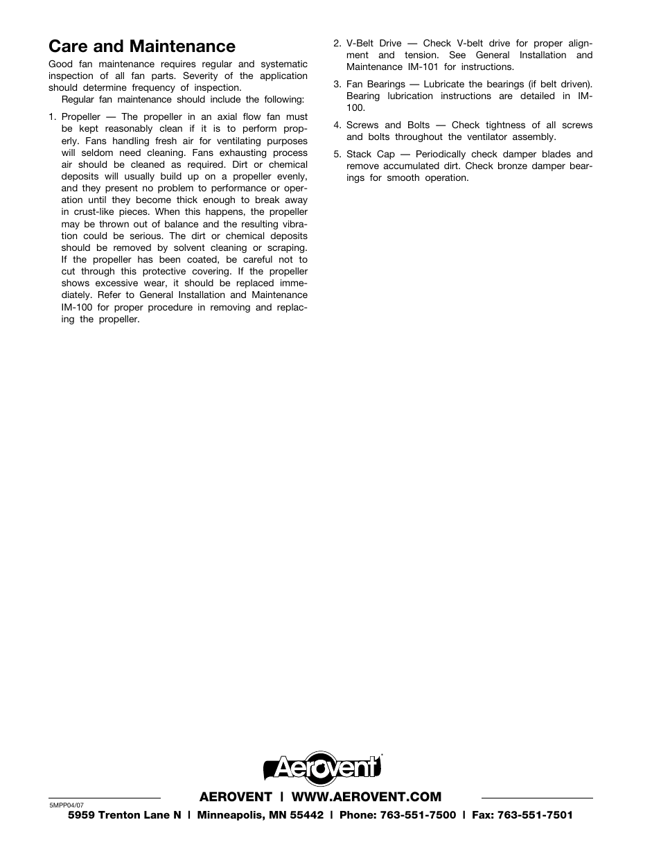 Care and maintenance | Aerovent IM-120 User Manual | Page 2 / 2