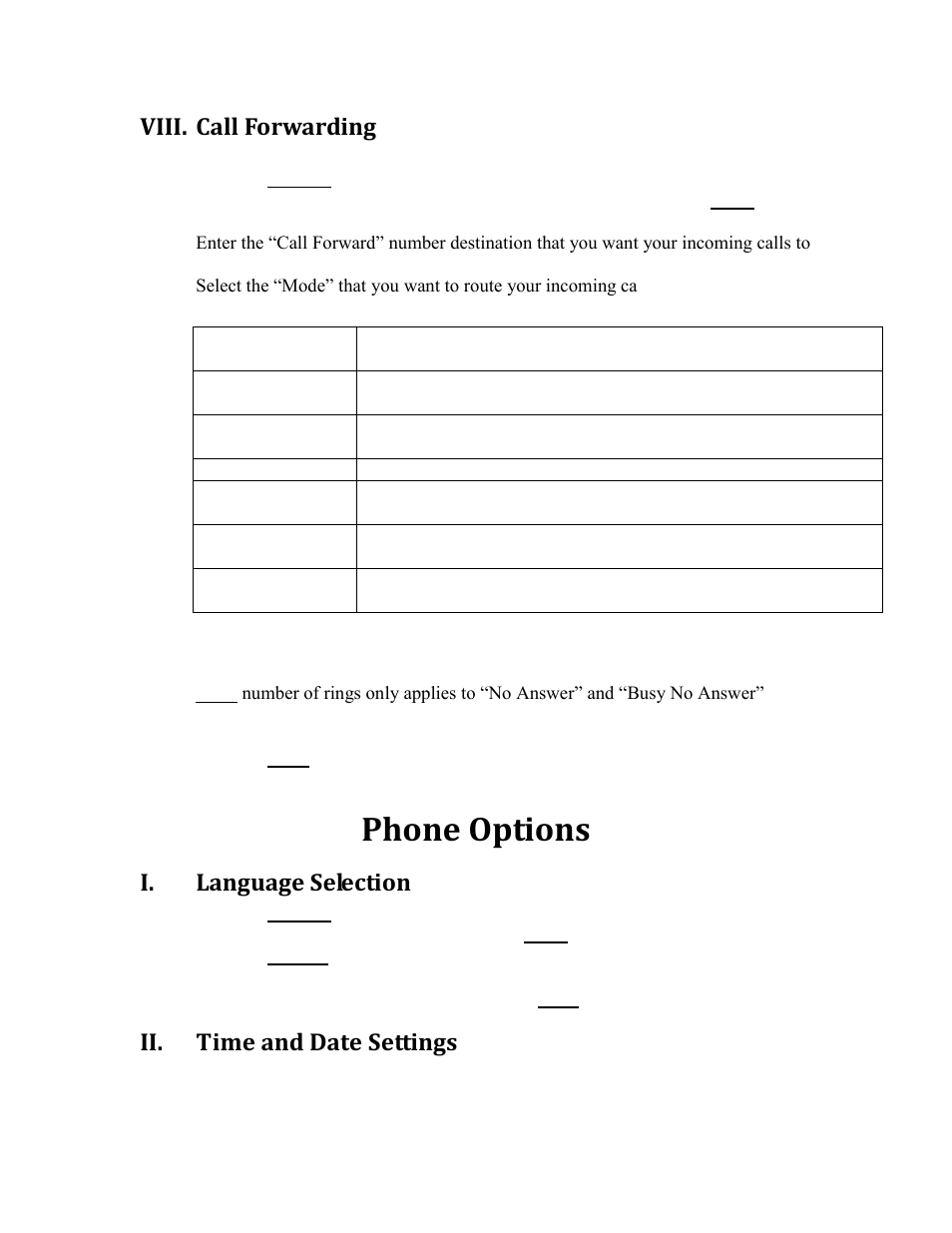 Viii, Call forwarding, Phone options | Language selection, Time and date settings, Viii. call forwarding, I. language selection, Ii. time and date settings | Aastra Telecom VOIP AASTRA 480I User Manual | Page 6 / 9