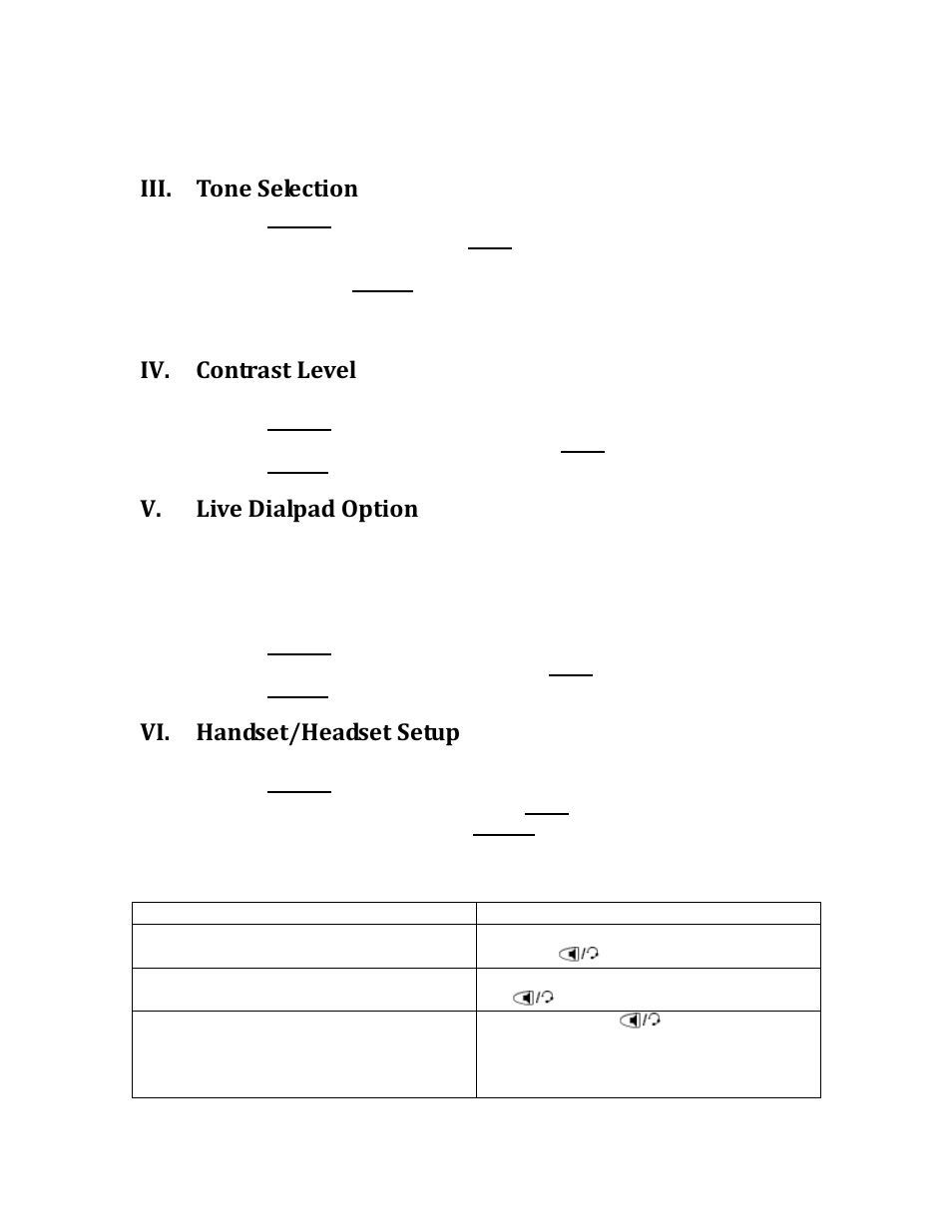 Tone selection, Contrast level, Live dialpad option | Handset/headset setup, Iii. tone selection, Iv. contrast level, V. live dialpad option, Vi. handset/headset setup | Aastra Telecom VOIP AASTRA 480I User Manual | Page 7 / 9