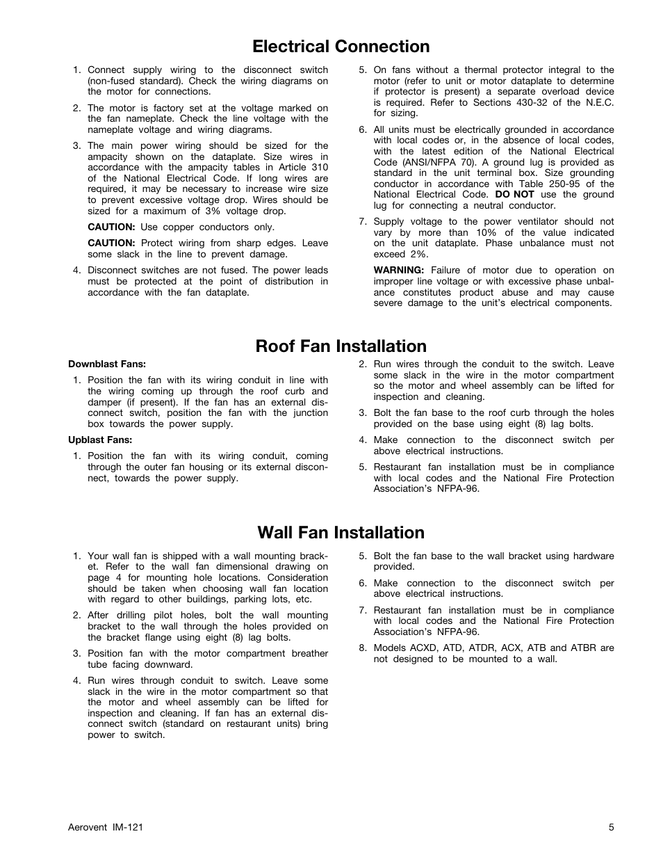 Roof fan installation wall fan installation, Electrical connection | Aerovent IM-121 User Manual | Page 5 / 12