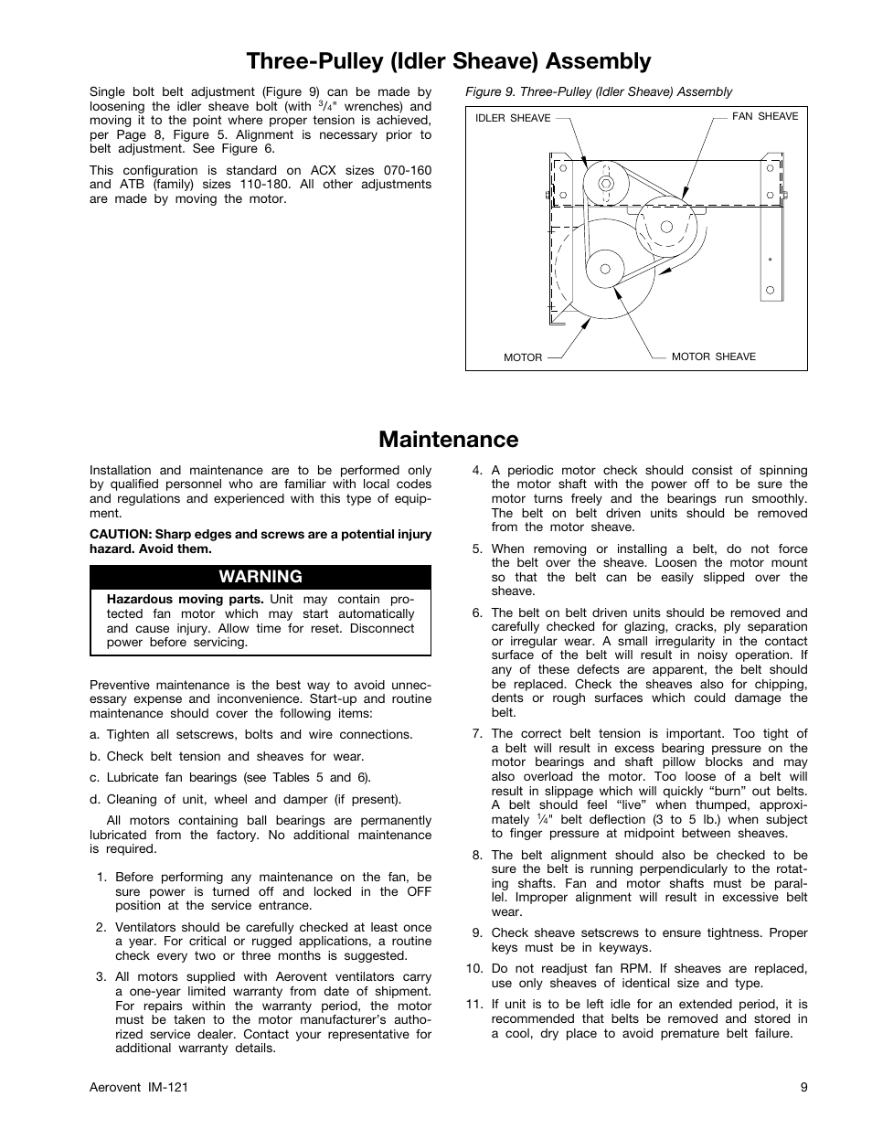 Three-pulley (idler sheave) assembly, Maintenance, Warning | Aerovent IM-121 User Manual | Page 9 / 12