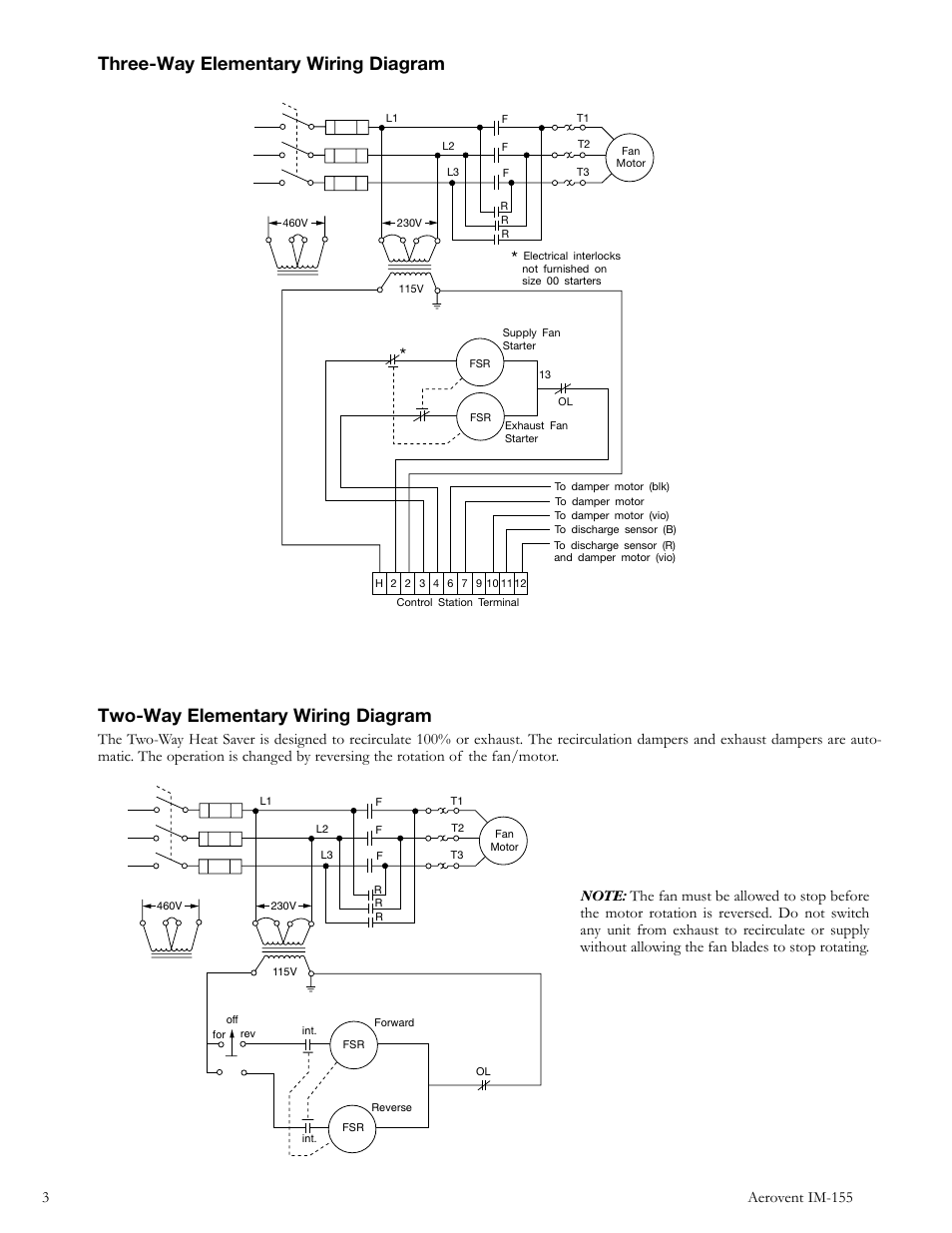 Two-way elementary wiring diagram, Three-way elementary wiring diagram, 3aerovent im-155 | Aerovent IM-155 User Manual | Page 3 / 4