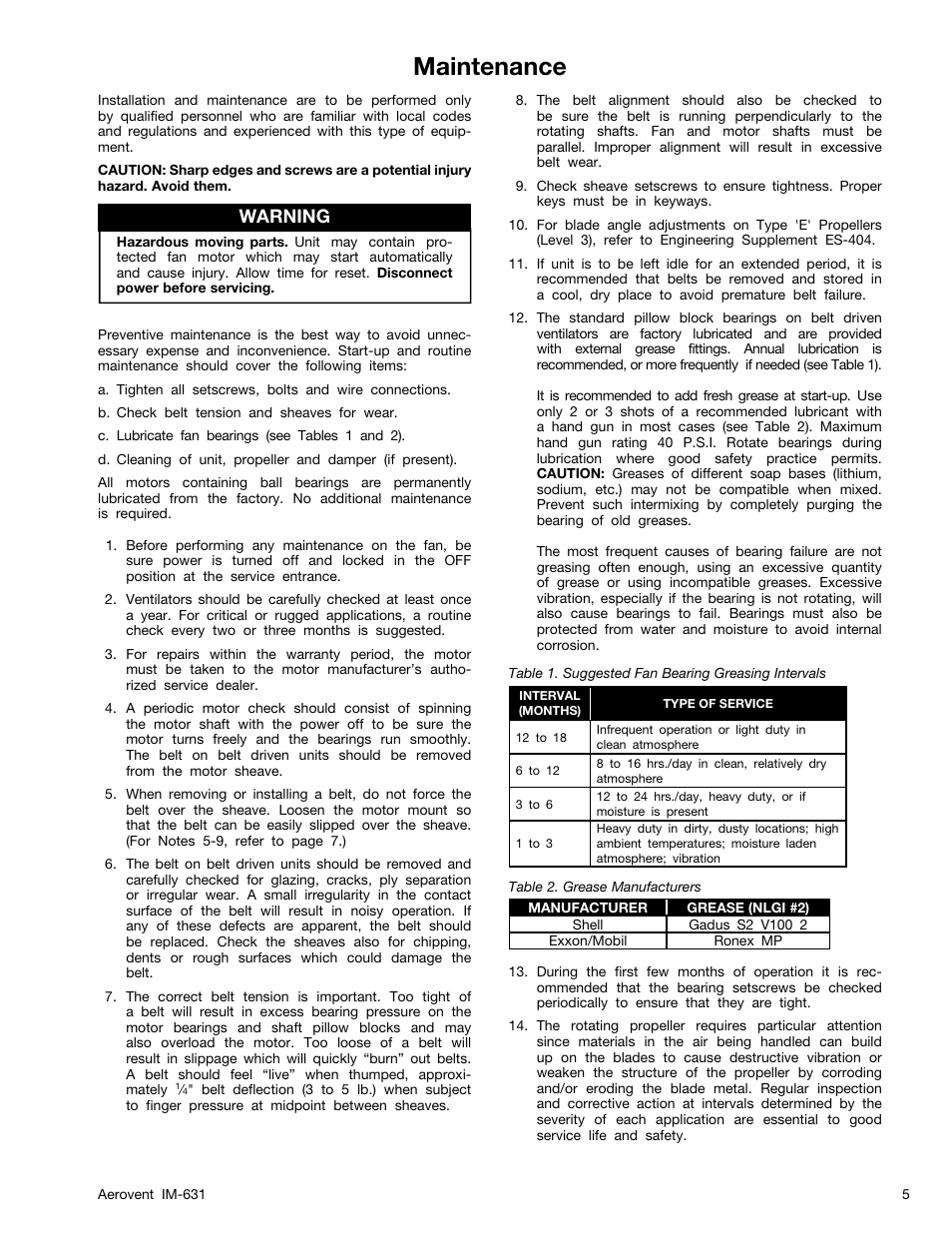 Maintenance, Warning | Aerovent IM-631 User Manual | Page 5 / 8