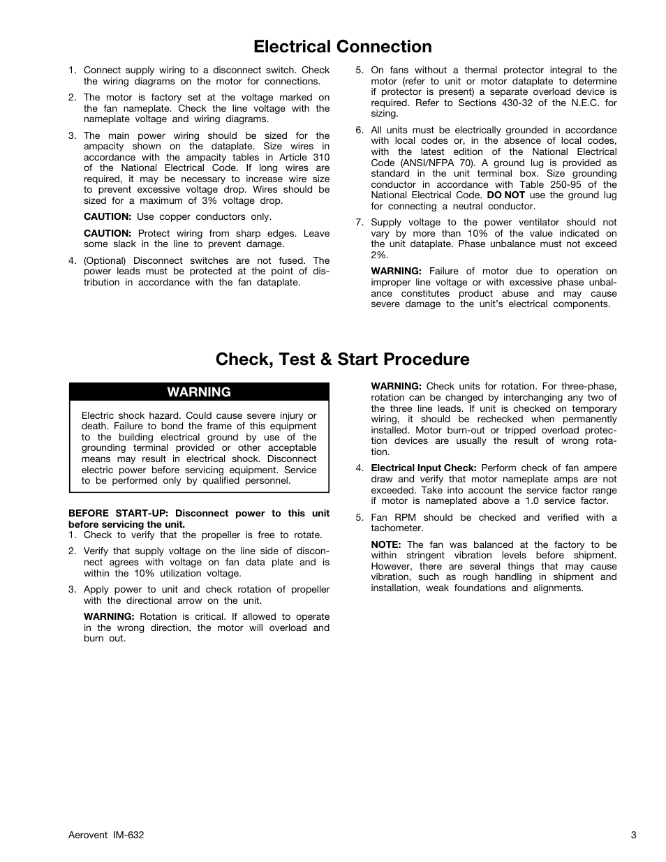 Check, test & start procedure, Electrical connection, Warning | Aerovent IM-632 User Manual | Page 3 / 8