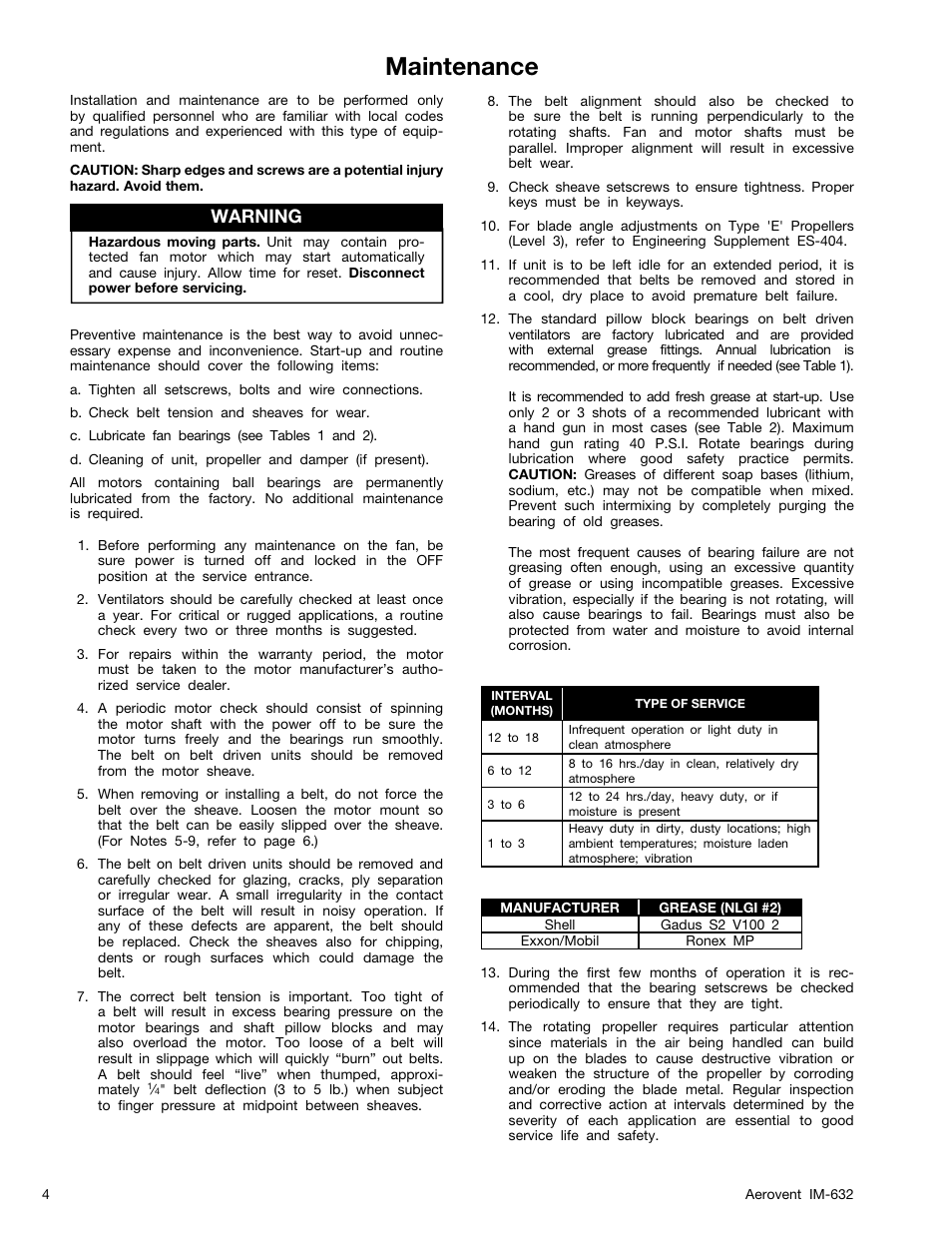 Maintenance, Warning | Aerovent IM-632 User Manual | Page 4 / 8