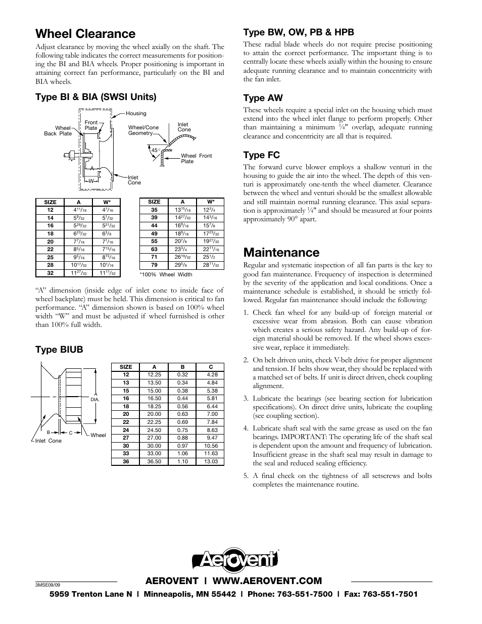 Wheel clearance, Maintenance, Type bw, ow, pb & hpb | Type aw, Type fc, Type biub | Aerovent IM-140 User Manual | Page 2 / 2