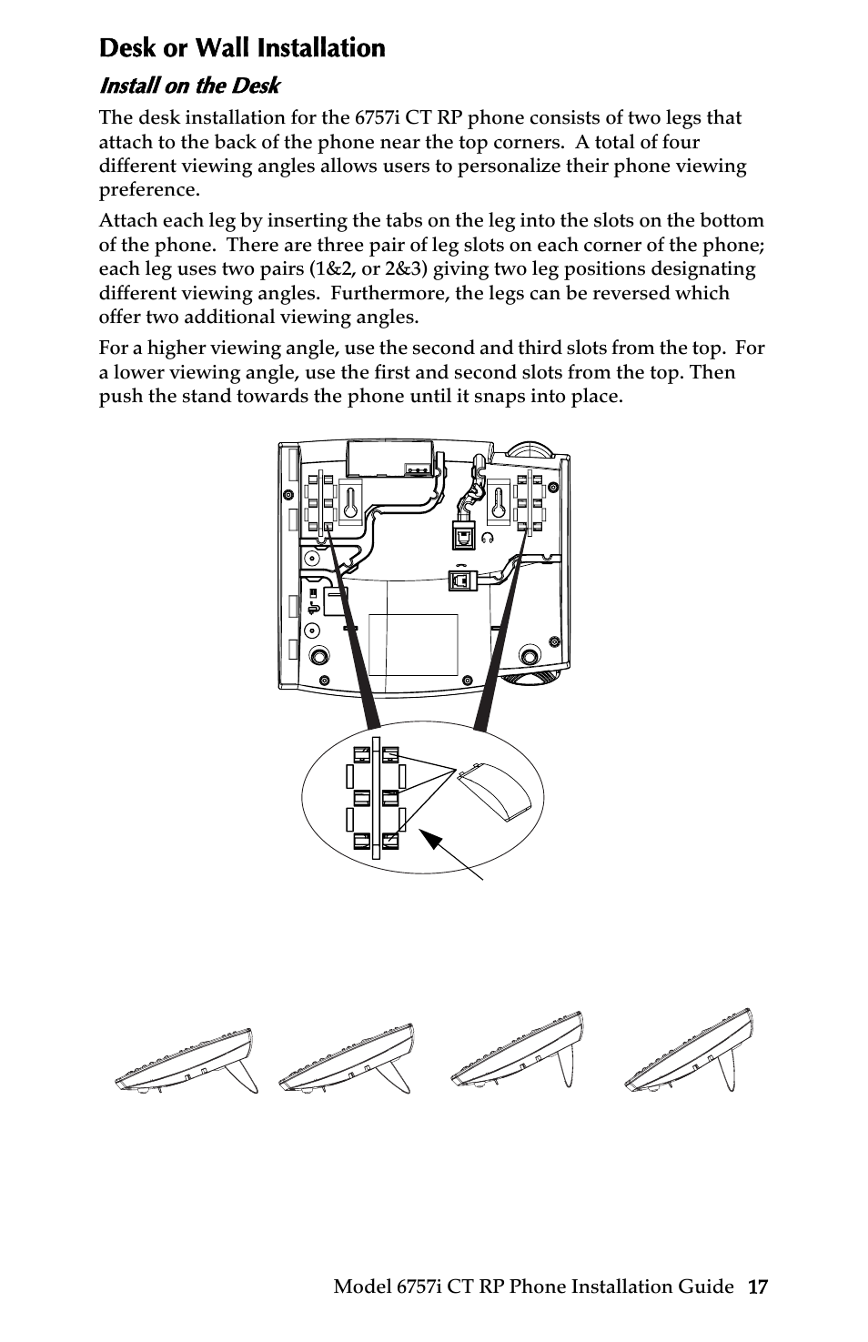 Desk or wall installation, Install on the desk, Installation and setup – 6757i ct rp base unit | AASTRA 6757i CT RP User Manual | Page 23 / 48