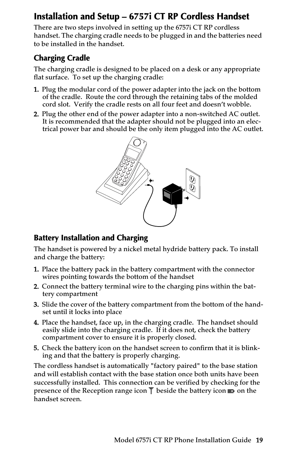 Charging cradle, Battery installation and charging, Charging cradle battery installation and charging | Installation and setup – 6757i ct rp cordless | AASTRA 6757i CT RP User Manual | Page 25 / 48