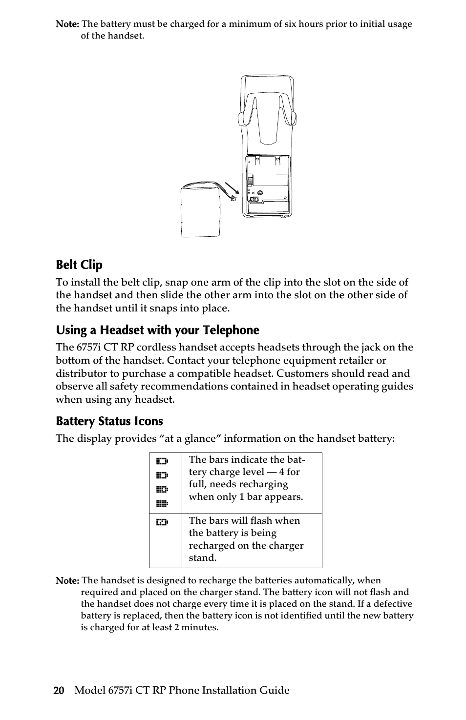 Belt clip, Using a headset with your telephone, Battery status icons | Installation and setup – 6757i ct rp cordless | AASTRA 6757i CT RP User Manual | Page 26 / 48