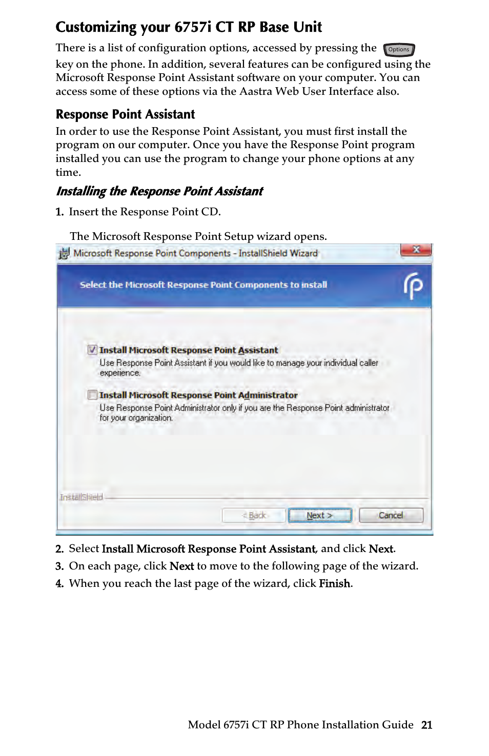 Customizing your 6757i ct rp base unit, Response point assistant, Installing the response point assistant | Customizing your, 6757i ct rp base unit" on | AASTRA 6757i CT RP User Manual | Page 27 / 48