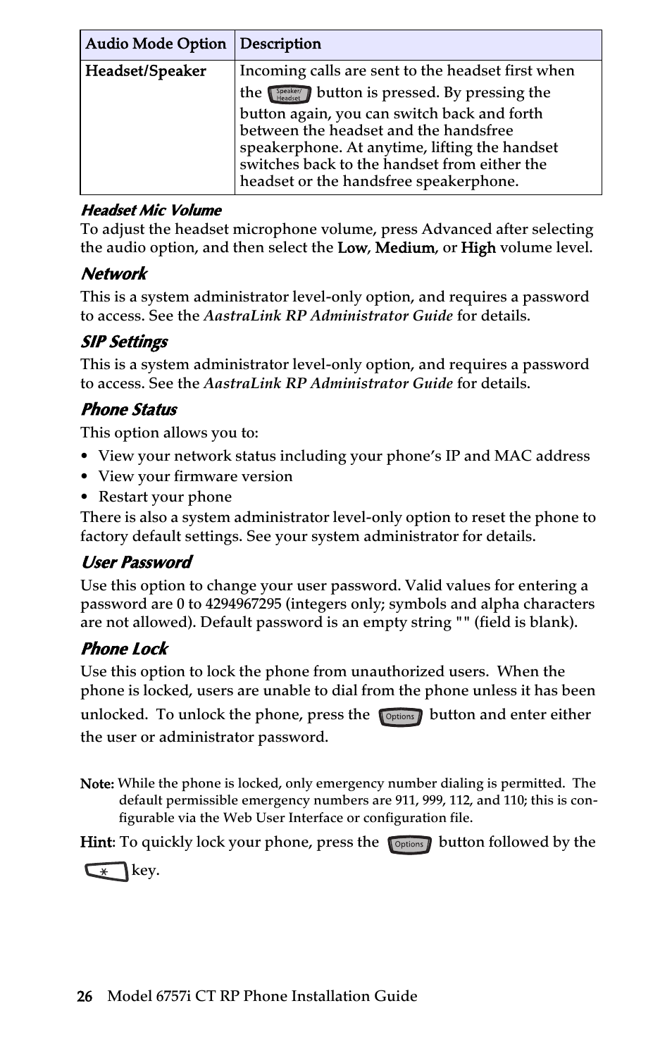 Network, Sip settings, Phone status | User password, Phone lock, Customizing your 6757 i ct rp base unit | AASTRA 6757i CT RP User Manual | Page 32 / 48