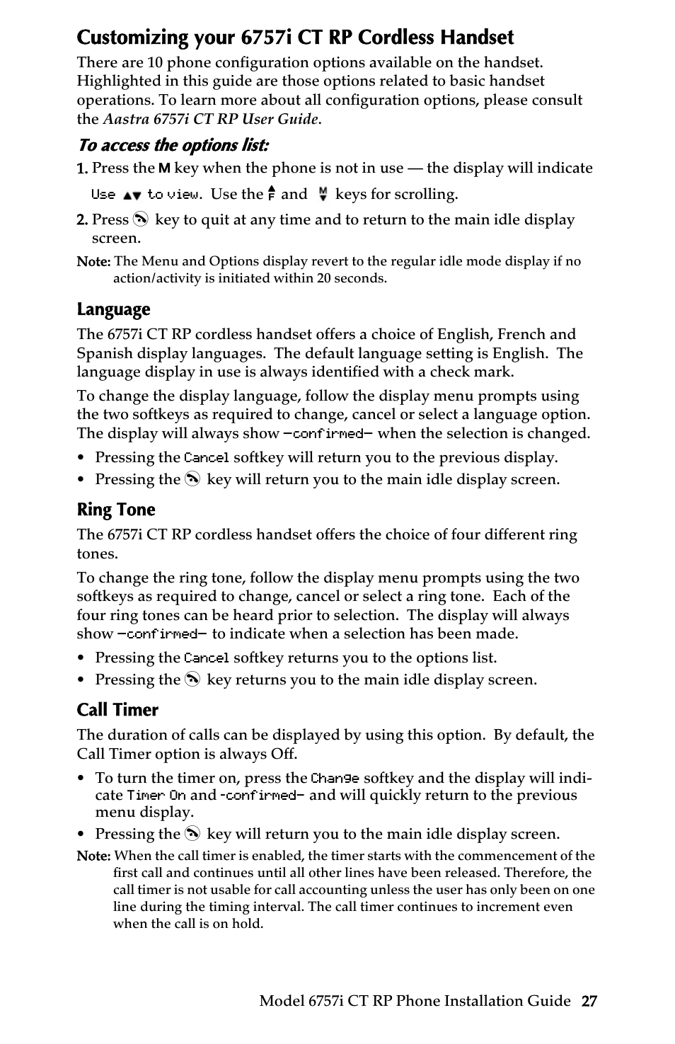 Customizing your 6757i ct rp cordless handset, To access the options list, Language | Ring tone, Call timer, Language ring tone call timer | AASTRA 6757i CT RP User Manual | Page 33 / 48