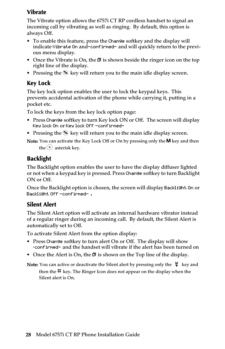 Vibrate, Key lock, Backlight | Silent alert, Vibrate key lock backlight silent alert, Customizing your 6757i ct rp cordless handset | AASTRA 6757i CT RP User Manual | Page 34 / 48