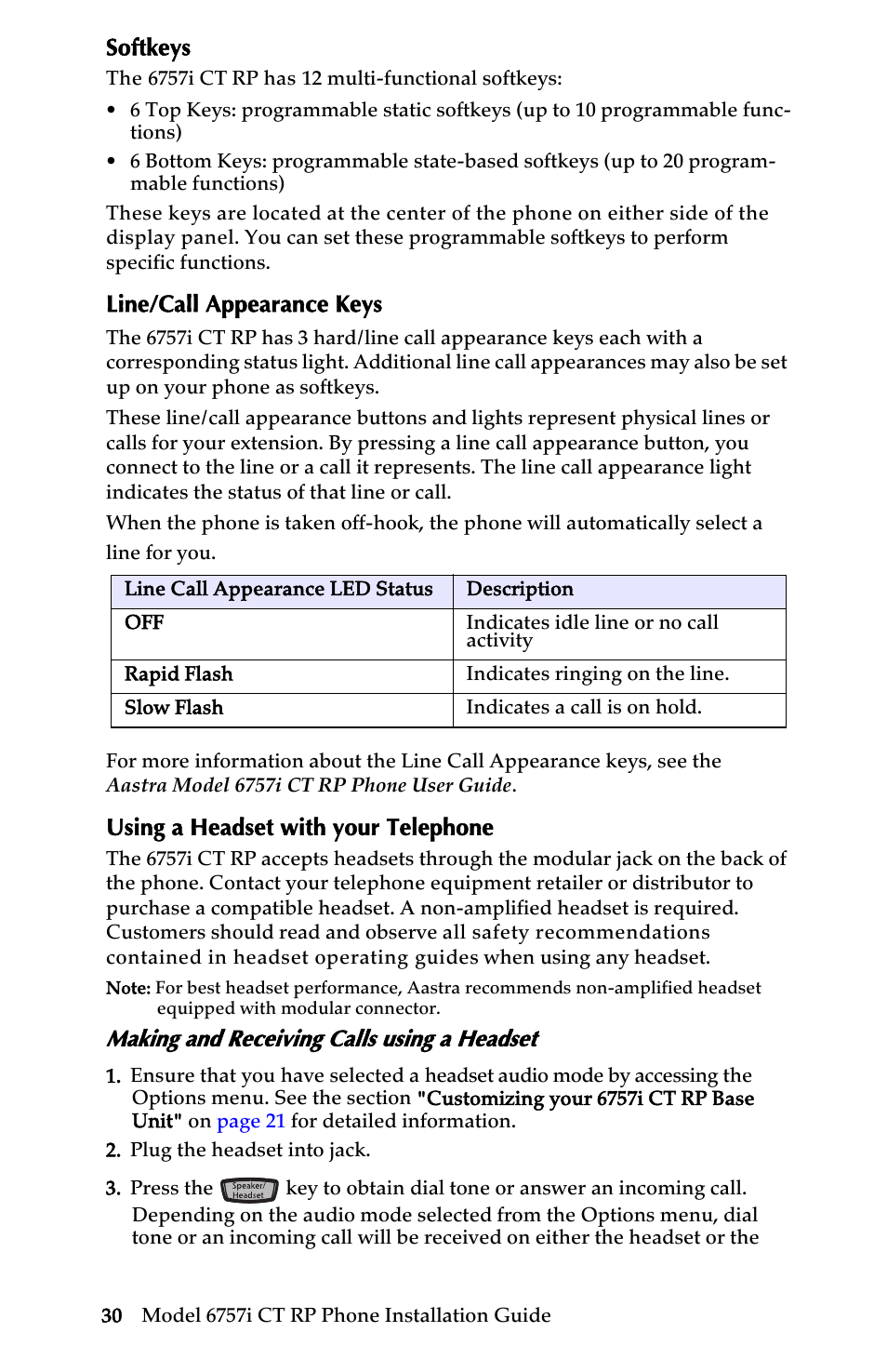 Softkeys, Line/call appearance keys, Using a headset with your telephone | Making and receiving calls using a headset, Other phone features (6757i ct rp base unit) | AASTRA 6757i CT RP User Manual | Page 36 / 48