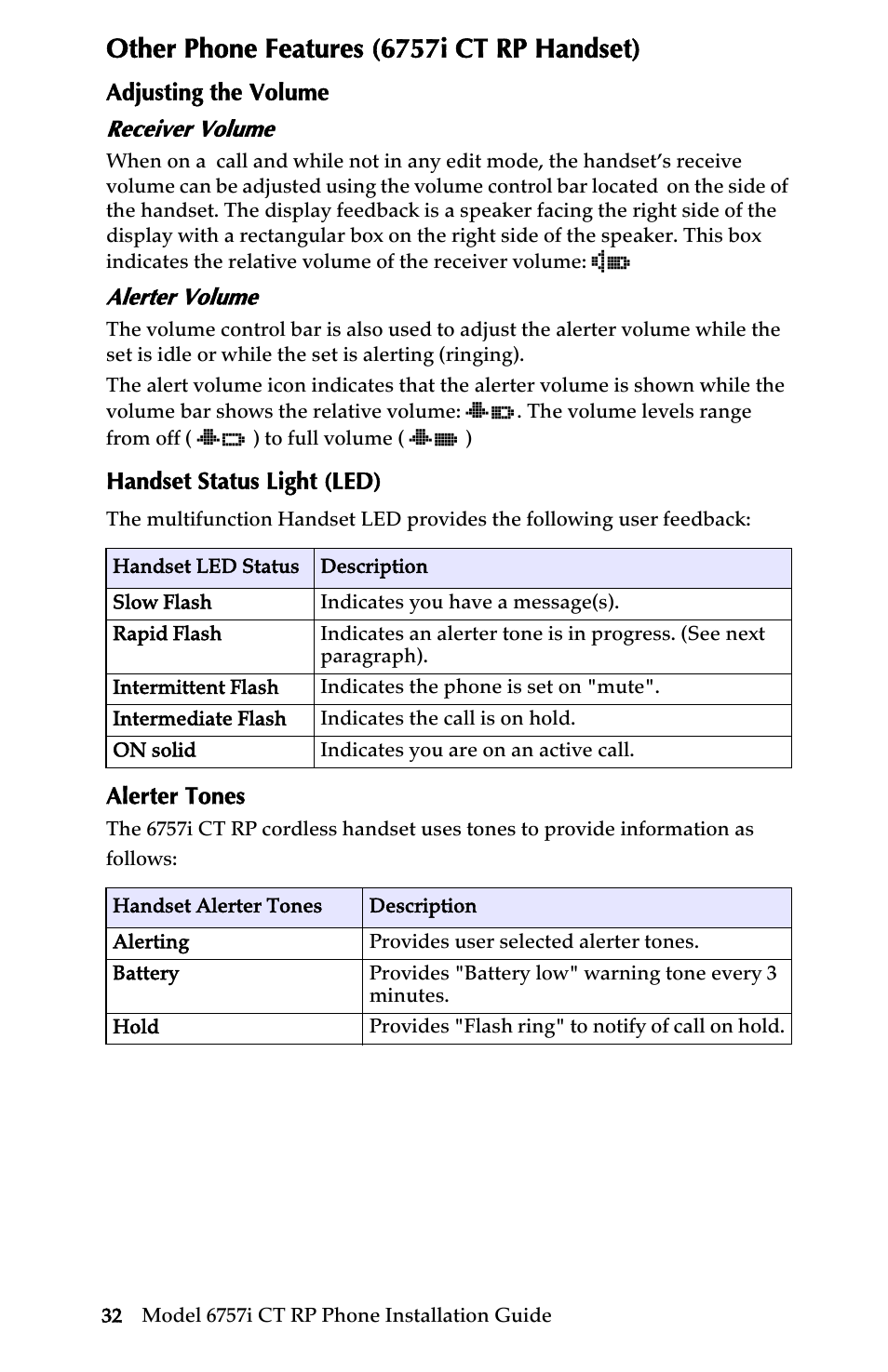 Other phone features (6757i ct rp handset), Adjusting the volume, Receiver volume | Alerter volume, Handset status light (led), Alerter tones | AASTRA 6757i CT RP User Manual | Page 38 / 48