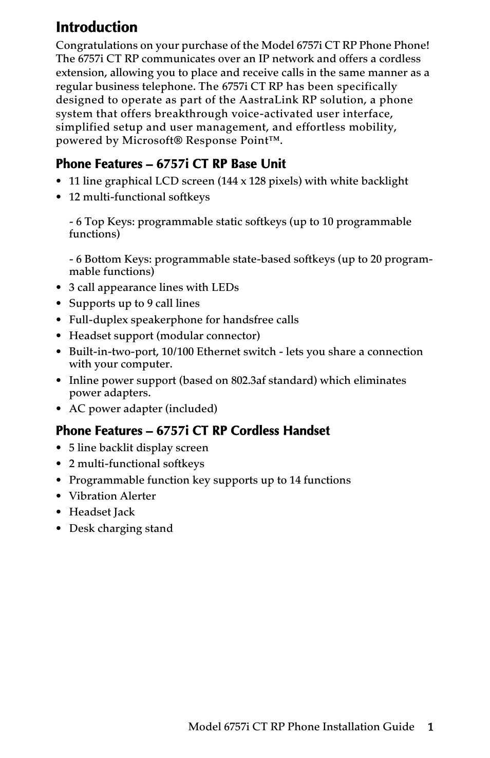 Introduction, Phone features – 6757i ct rp base unit, Phone features – 6757i ct rp cordless handset | AASTRA 6757i CT RP User Manual | Page 7 / 48