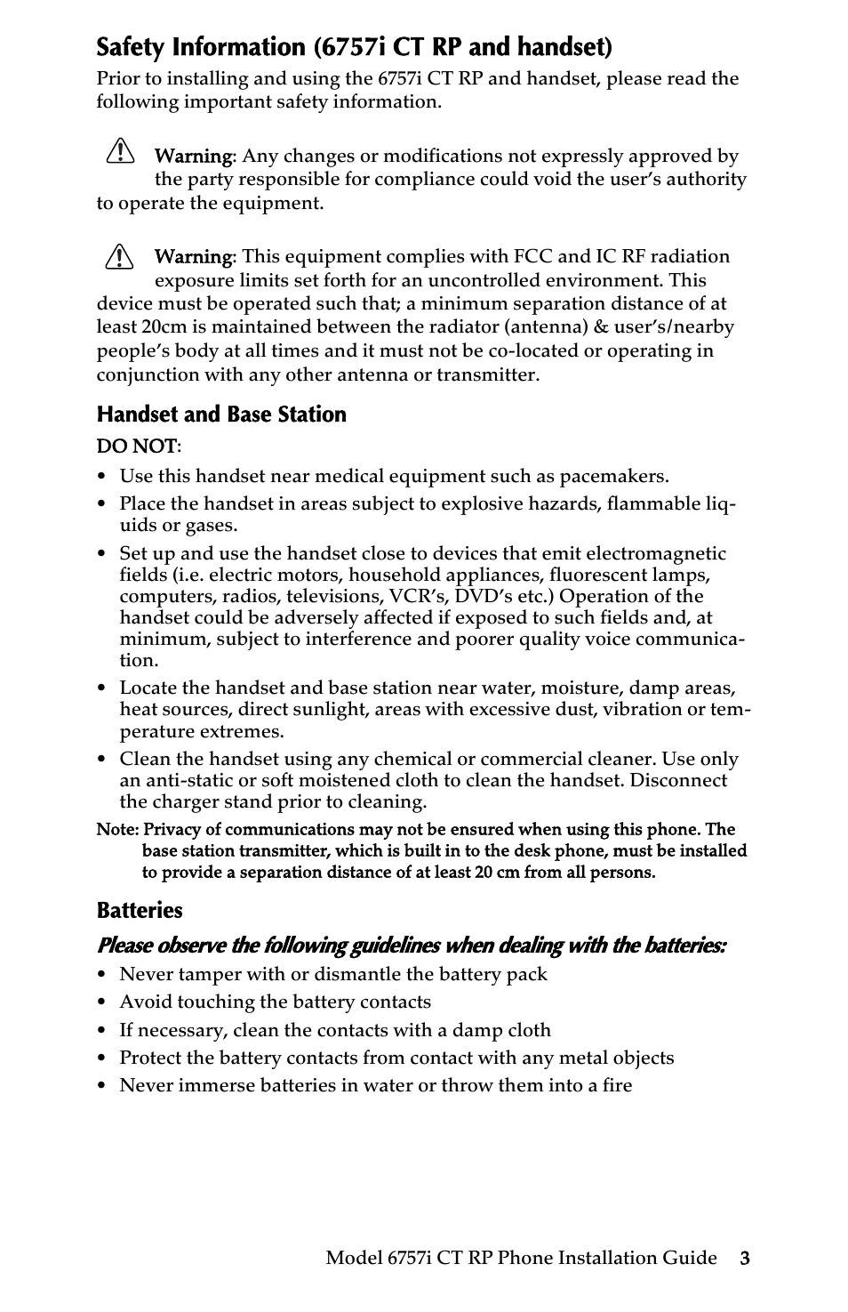 Safety information (6757i ct rp and handset), Handset and base station, Batteries | Handset and base station batteries | AASTRA 6757i CT RP User Manual | Page 9 / 48