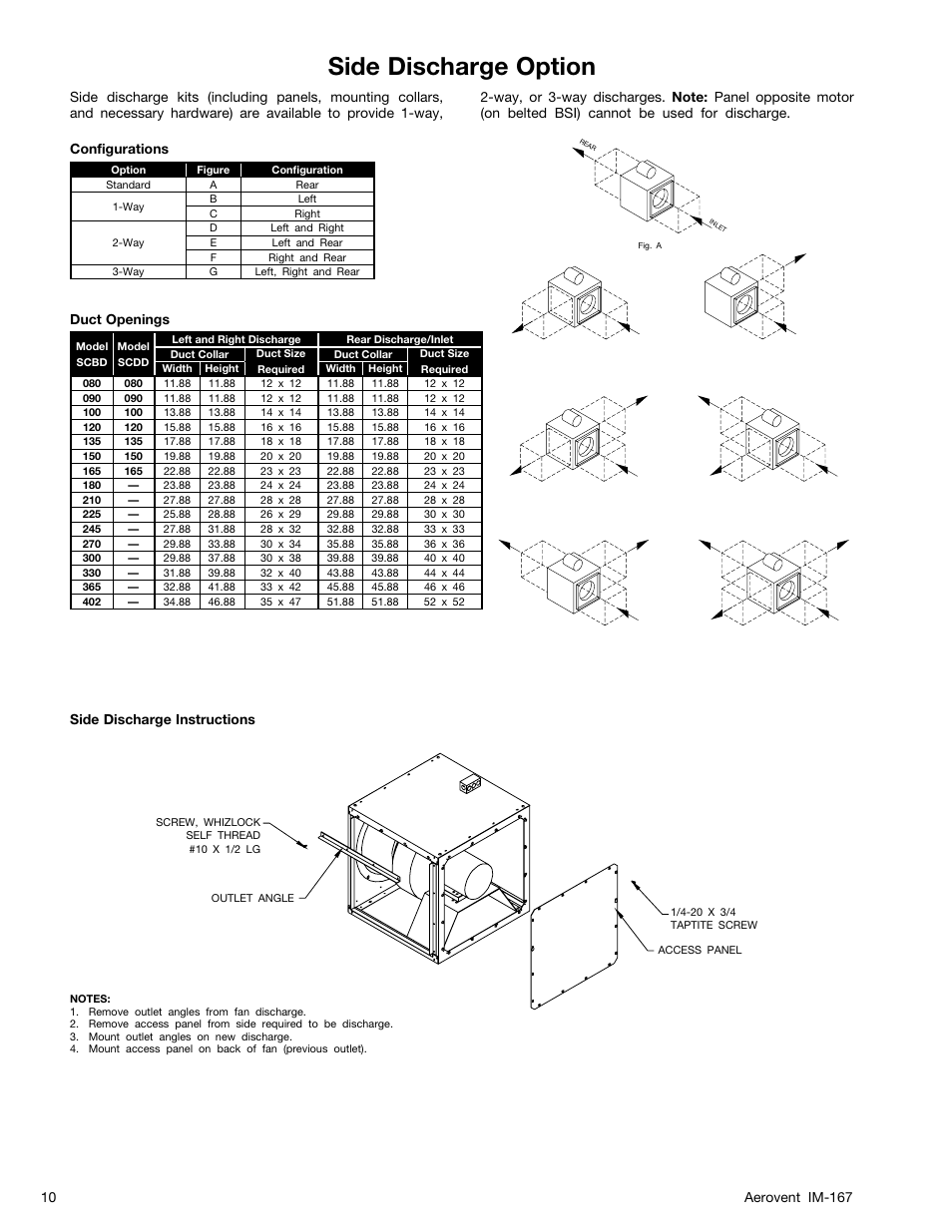 Side discharge option, Configurations, Duct openings | Side discharge instructions | Aerovent IM-167 User Manual | Page 10 / 12