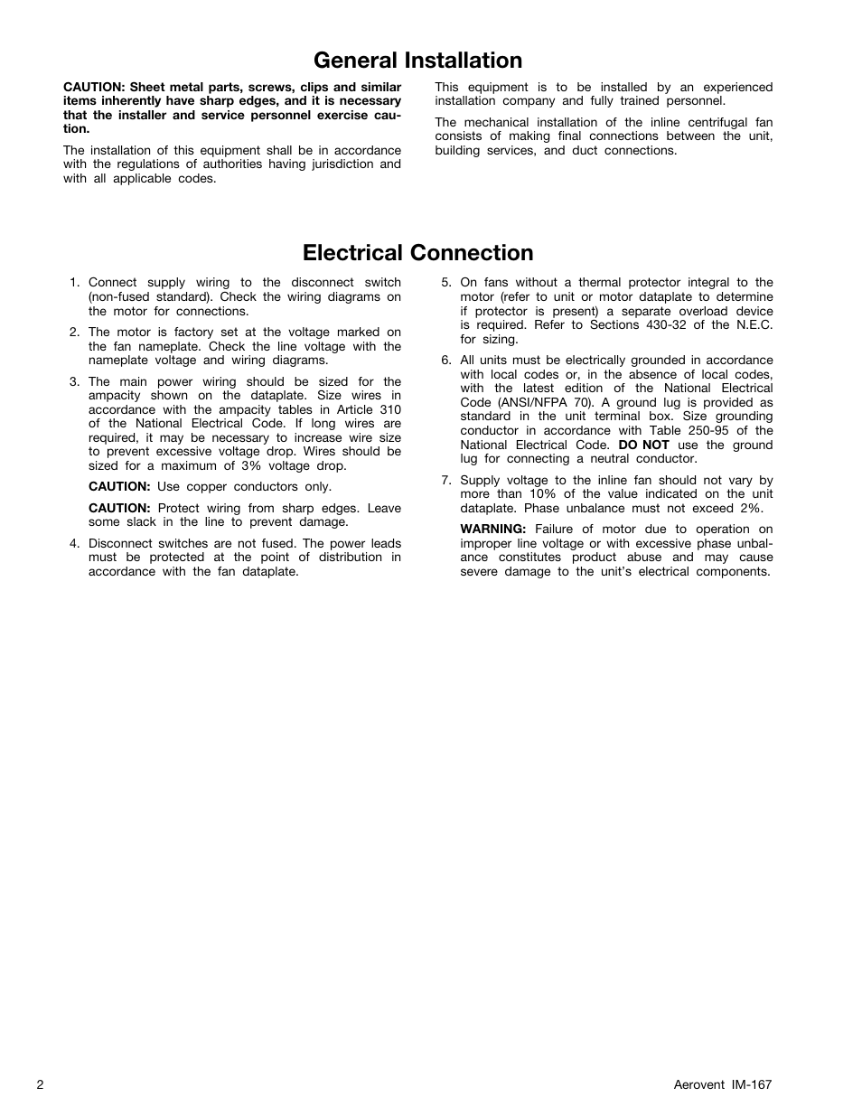 General installation, Electrical connection | Aerovent IM-167 User Manual | Page 2 / 12