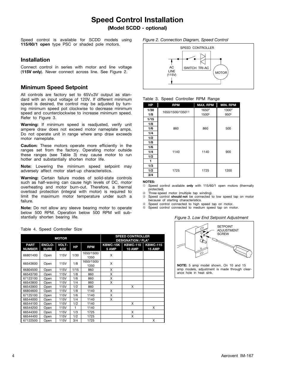 Speed control installation, Installation, Minimum speed setpoint | Model scdd - optional) | Aerovent IM-167 User Manual | Page 4 / 12