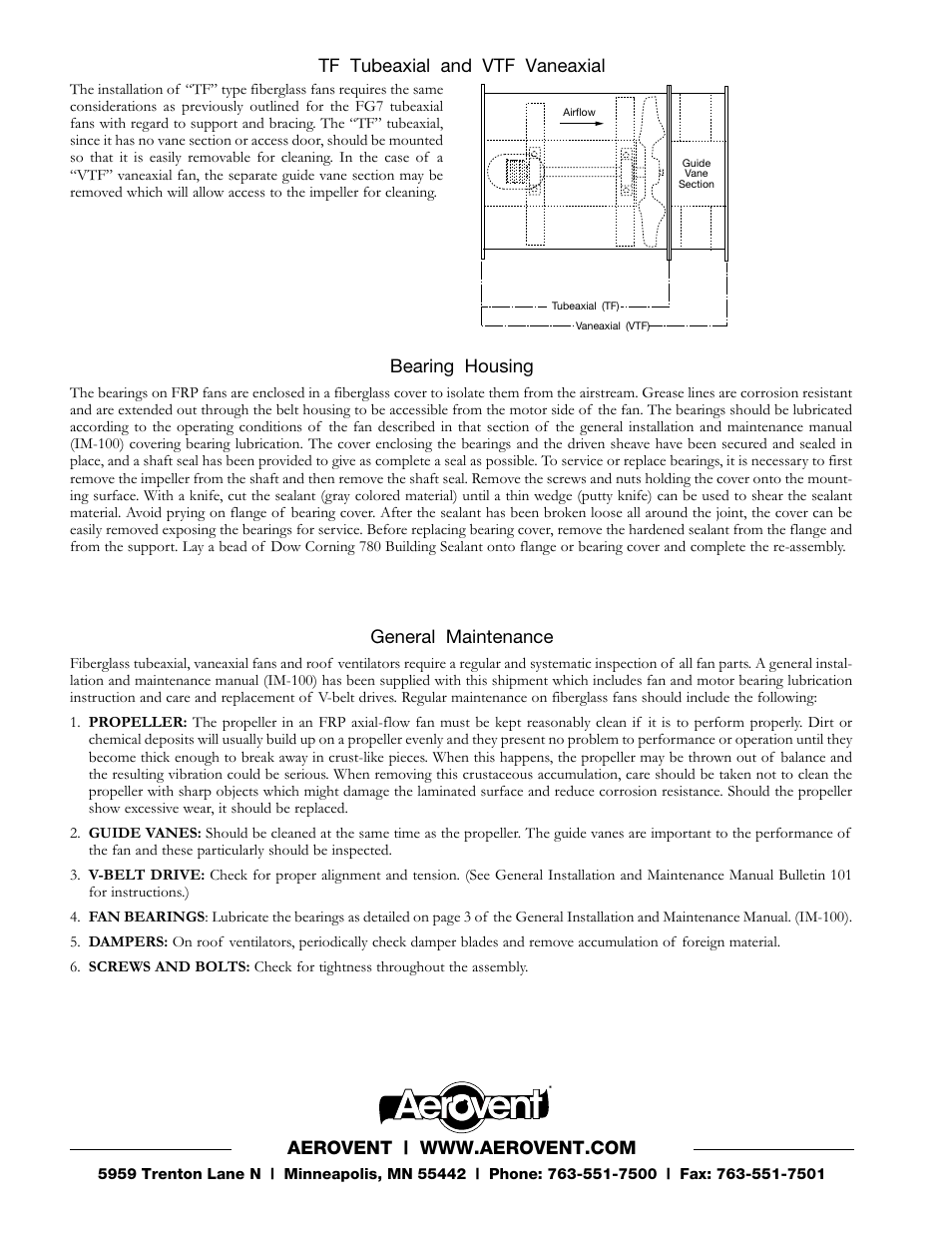 Tf tubeaxial and vtf vaneaxial, Bearing housing, General maintenance | Aerovent IM-175 User Manual | Page 2 / 2