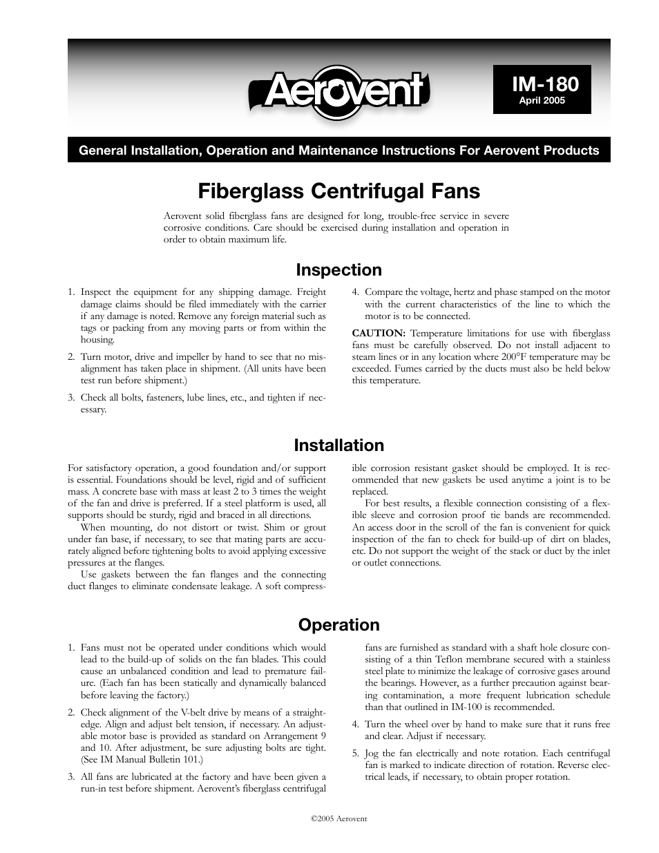 Aerovent IM-180 User Manual | 2 pages