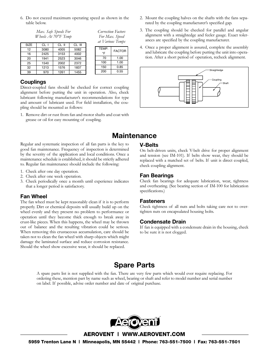 Maintenance spare parts, Couplings, Fan wheel | V-belts, Fan bearings, Fasteners, Condensate drain | Aerovent IM-180 User Manual | Page 2 / 2