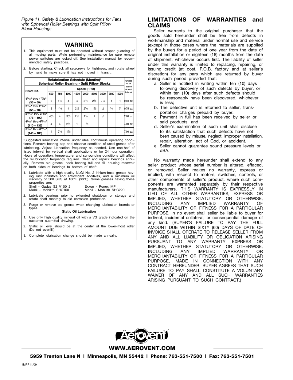 Limitations of warranties and claims, Warning | Aerovent IM-745 User Manual | Page 10 / 10