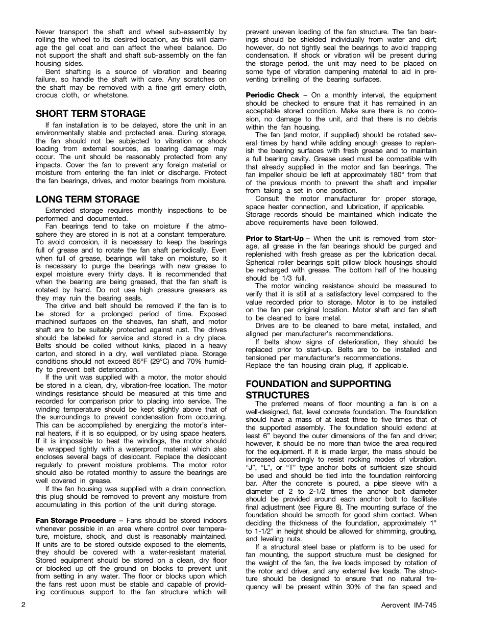 Short term storage, Long term storage, Foundation and supporting structures | Aerovent IM-745 User Manual | Page 2 / 10