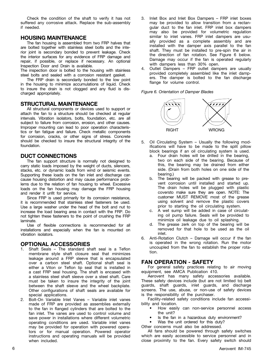 Housing maintenance, Structural maintenance, Duct connections | Optional accessories, Fan operation - safety | Aerovent IM-745 User Manual | Page 6 / 10