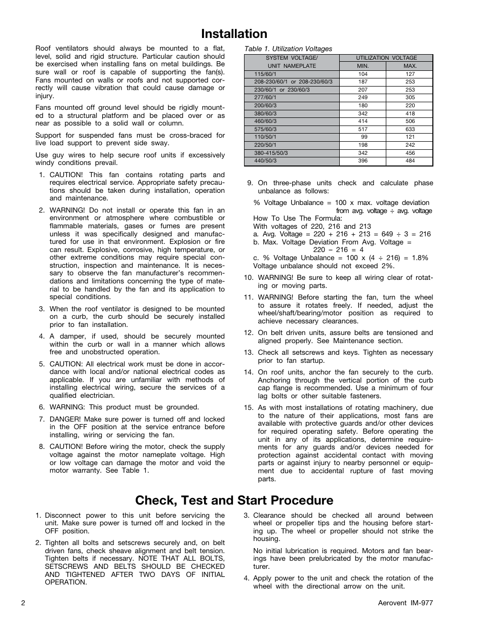 Installation check, test and start procedure | Aerovent IM-977 User Manual | Page 2 / 8