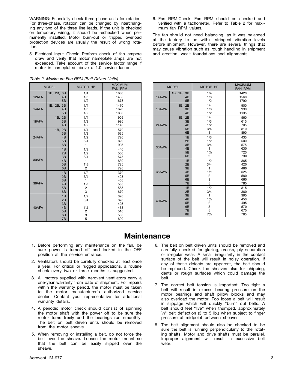 Maintenance, Aerovent im-977 3 | Aerovent IM-977 User Manual | Page 3 / 8