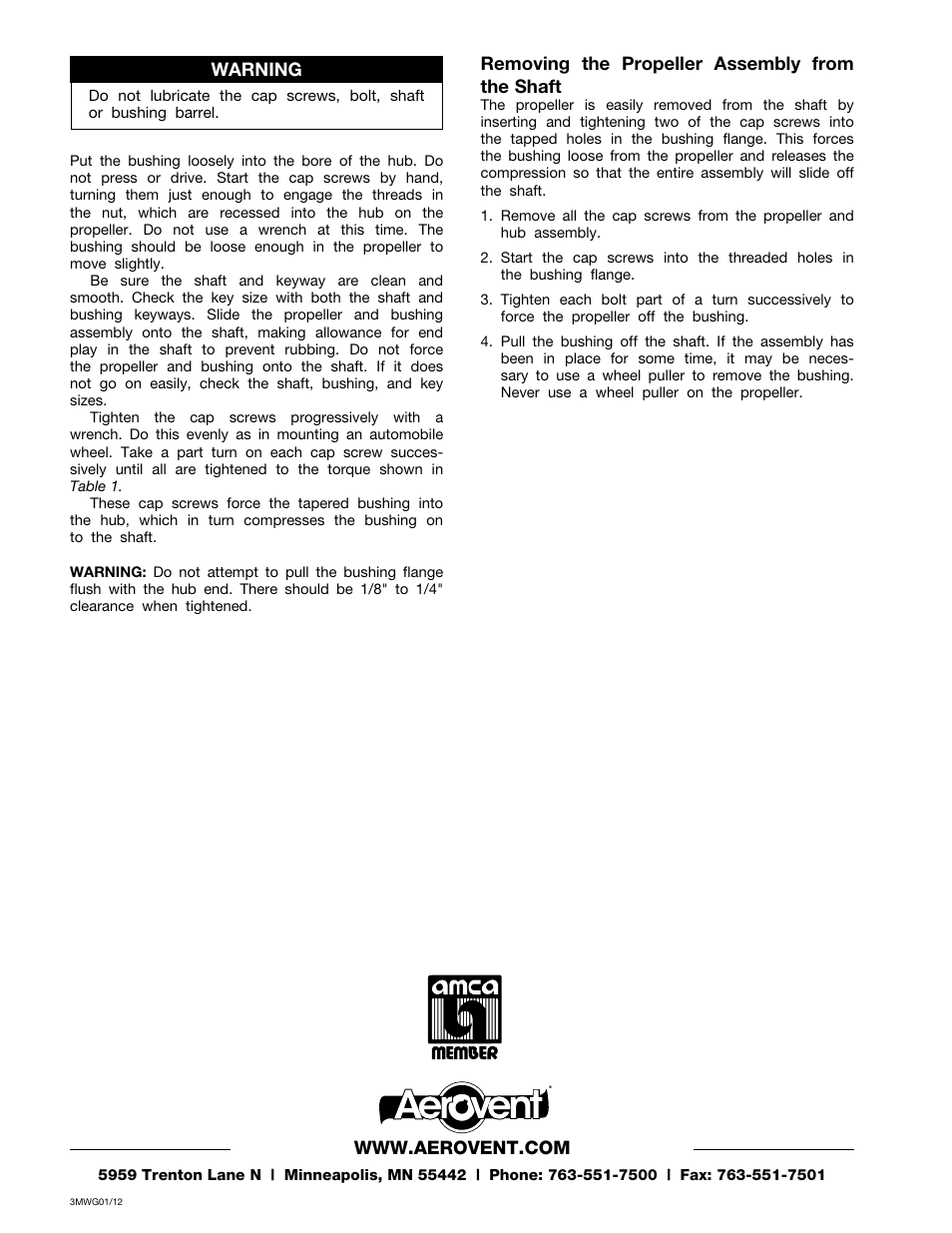 Removing the propeller assembly from the shaft, Warning | Aerovent IM-111 User Manual | Page 2 / 2