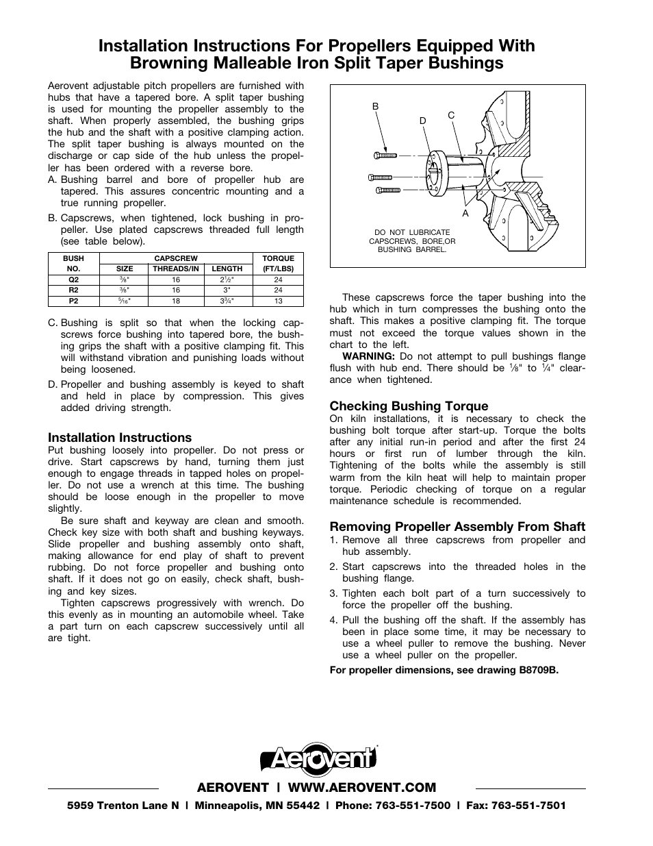 Installation instructions, Checking bushing torque, Removing propeller assembly from shaft | Aerovent IM-171 User Manual | Page 2 / 2