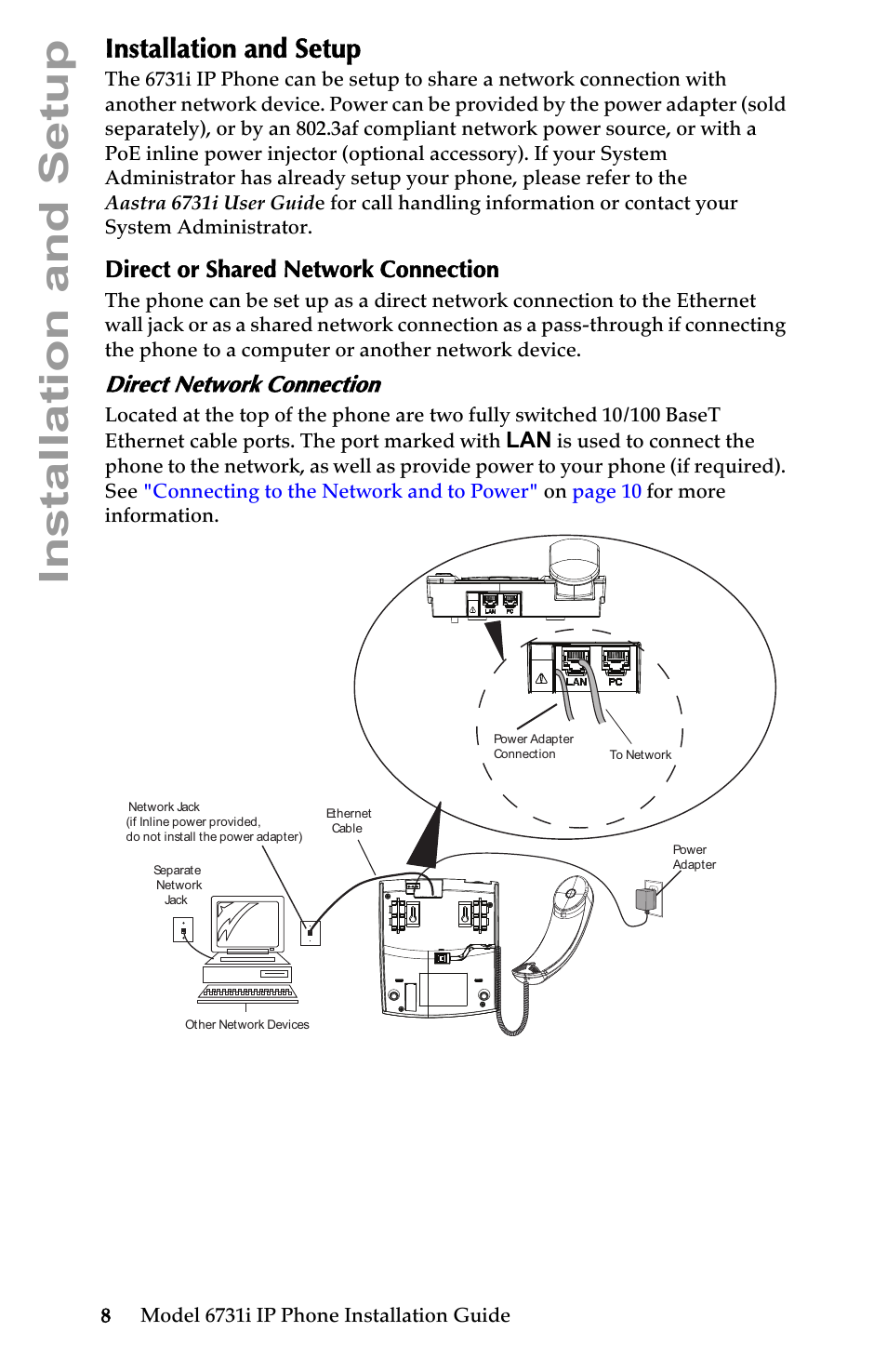 Installation and setup, Direct or shared network connection, Direct network connection | Aastra Telecom 6731I User Manual | Page 14 / 44