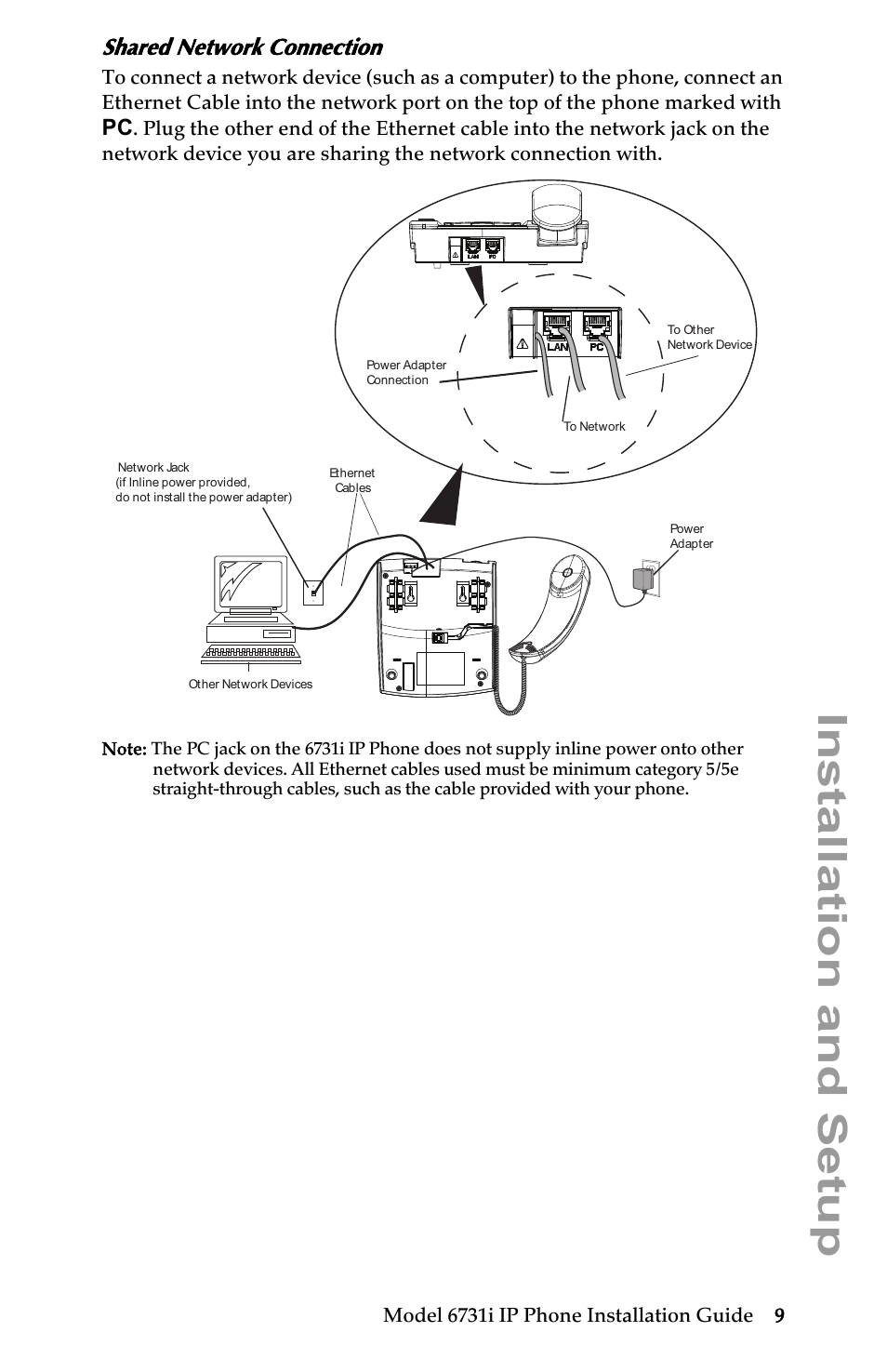 Shared network connection, Installation and setup | Aastra Telecom 6731I User Manual | Page 15 / 44