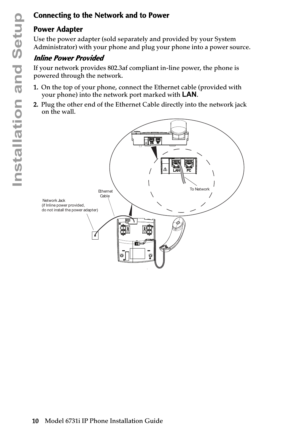 Connecting to the network and to power, Power adapter, Inline power provided | Installation and setup | Aastra Telecom 6731I User Manual | Page 16 / 44