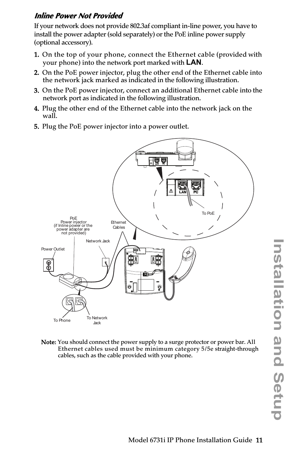 Inline power not provided, Installation and setup | Aastra Telecom 6731I User Manual | Page 17 / 44