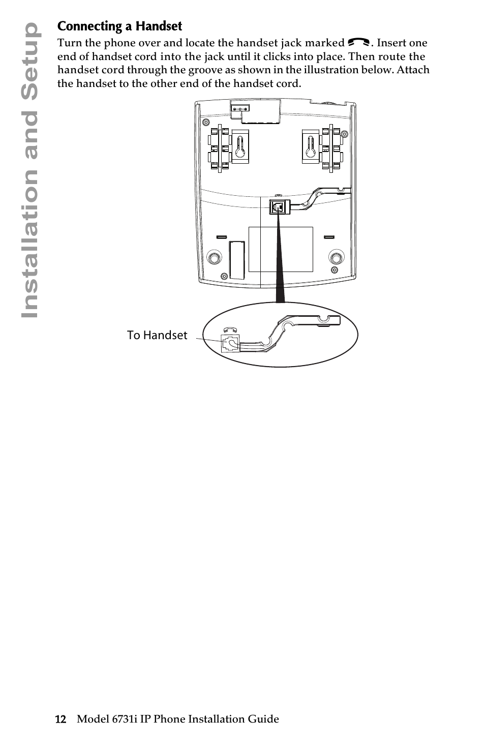 Connecting a handset, Installation and setup | Aastra Telecom 6731I User Manual | Page 18 / 44