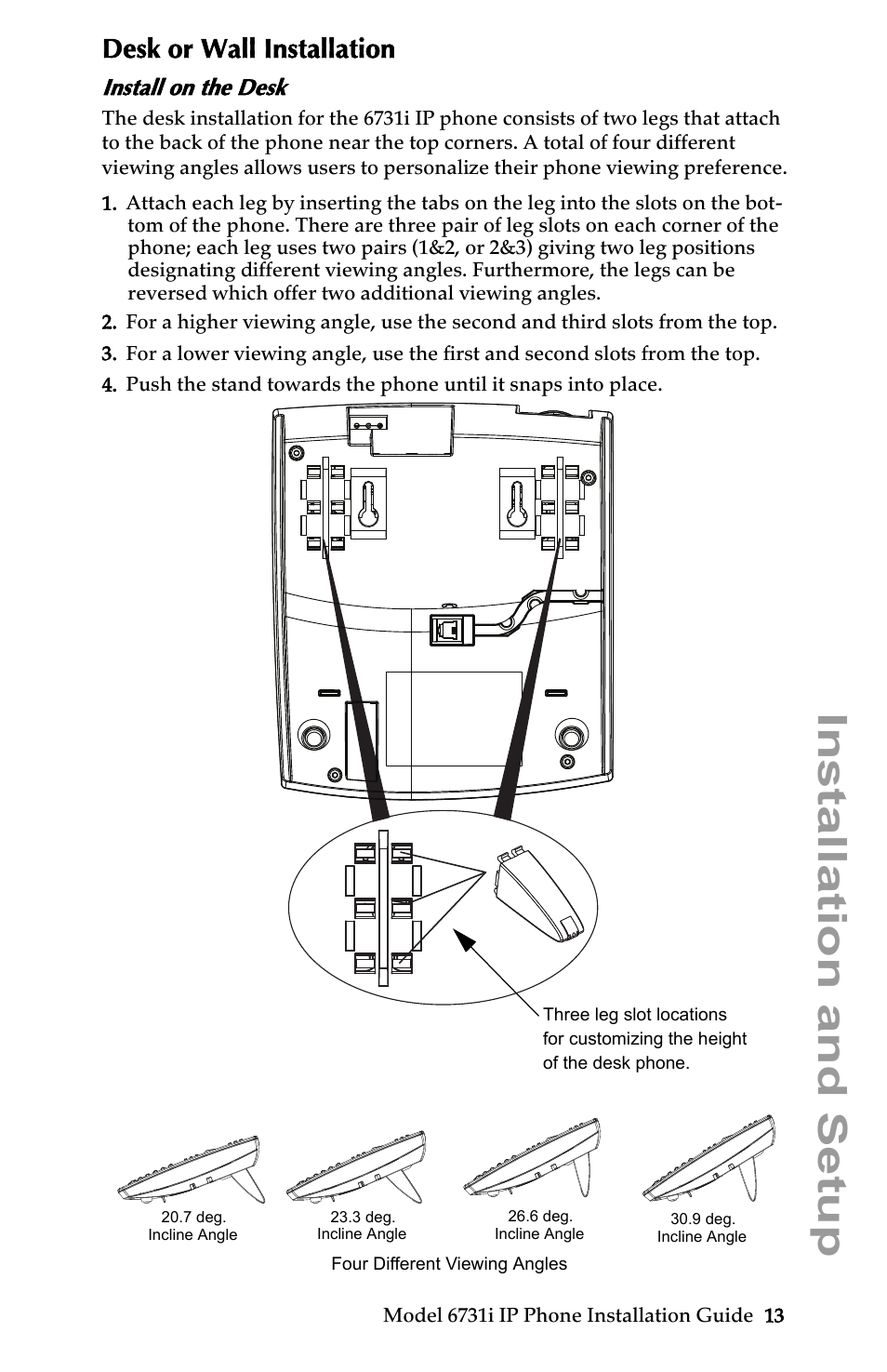 Desk or wall installation, Install on the desk, Installation and setup | Aastra Telecom 6731I User Manual | Page 19 / 44