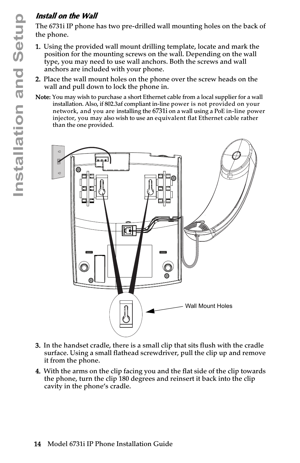 Install on the wall, Installation and setup | Aastra Telecom 6731I User Manual | Page 20 / 44