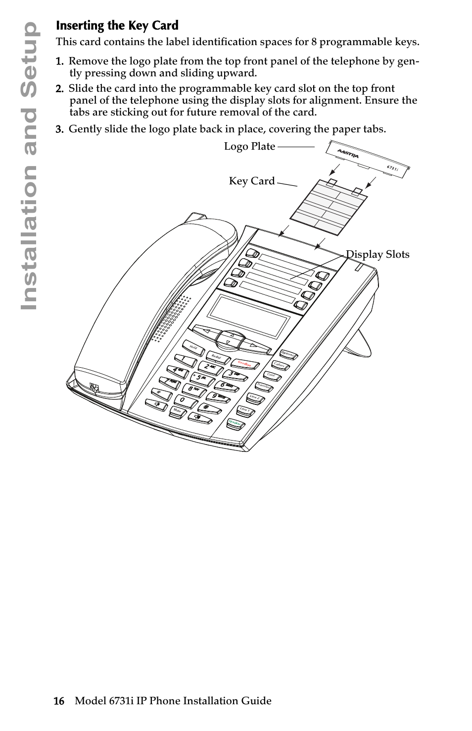 Inserting the key card, Installation and setup | Aastra Telecom 6731I User Manual | Page 22 / 44