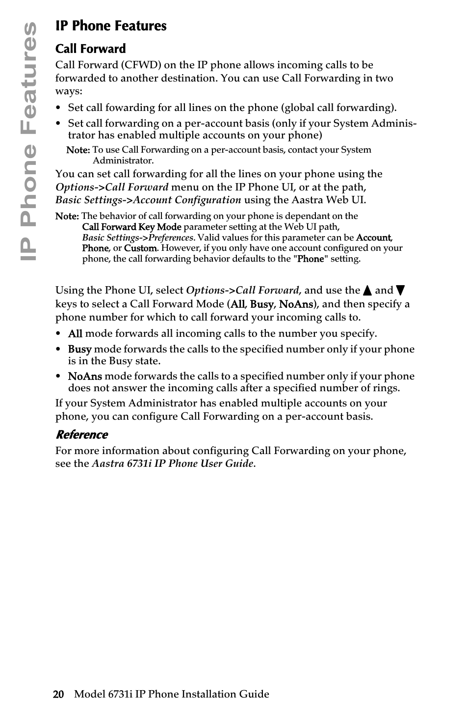 Ip phone features, Call forward, Reference | Aastra Telecom 6731I User Manual | Page 26 / 44