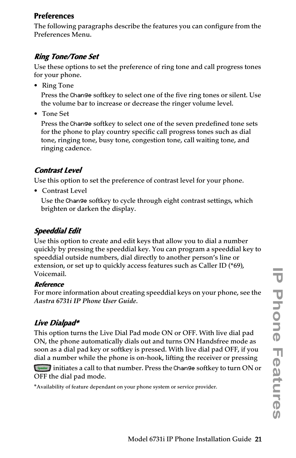 Preferences, Ring tone/tone set, Contrast level | Speeddial edit, Live dialpad, Ip phone features | Aastra Telecom 6731I User Manual | Page 27 / 44