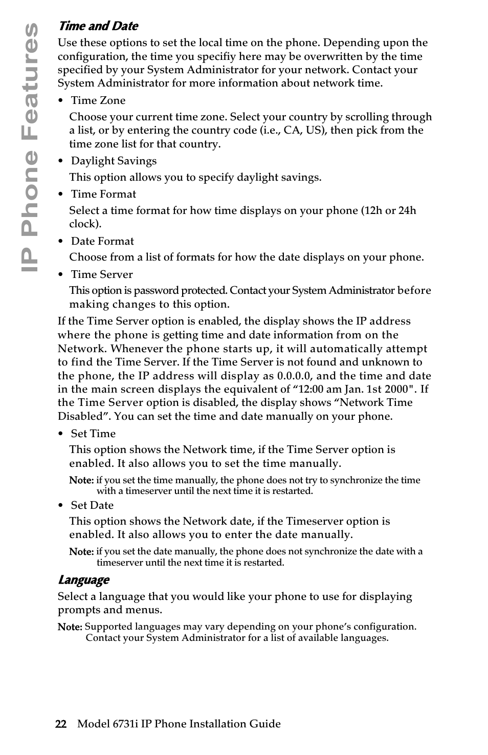 Time and date, Language, Ip phone features | Aastra Telecom 6731I User Manual | Page 28 / 44