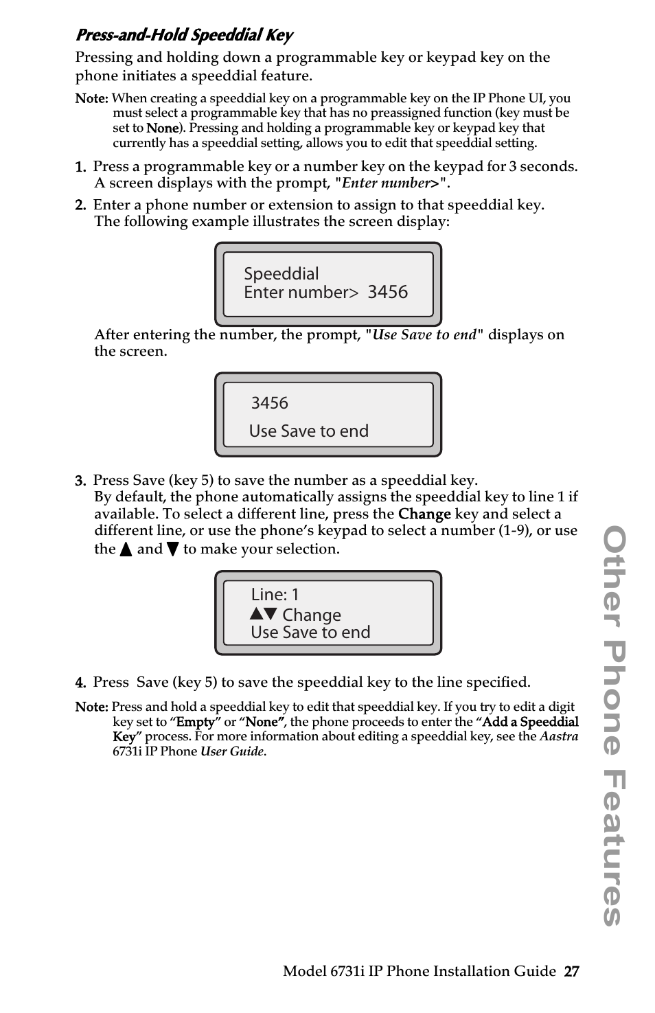 Press-and-hold speeddial key, Other phone features | Aastra Telecom 6731I User Manual | Page 33 / 44
