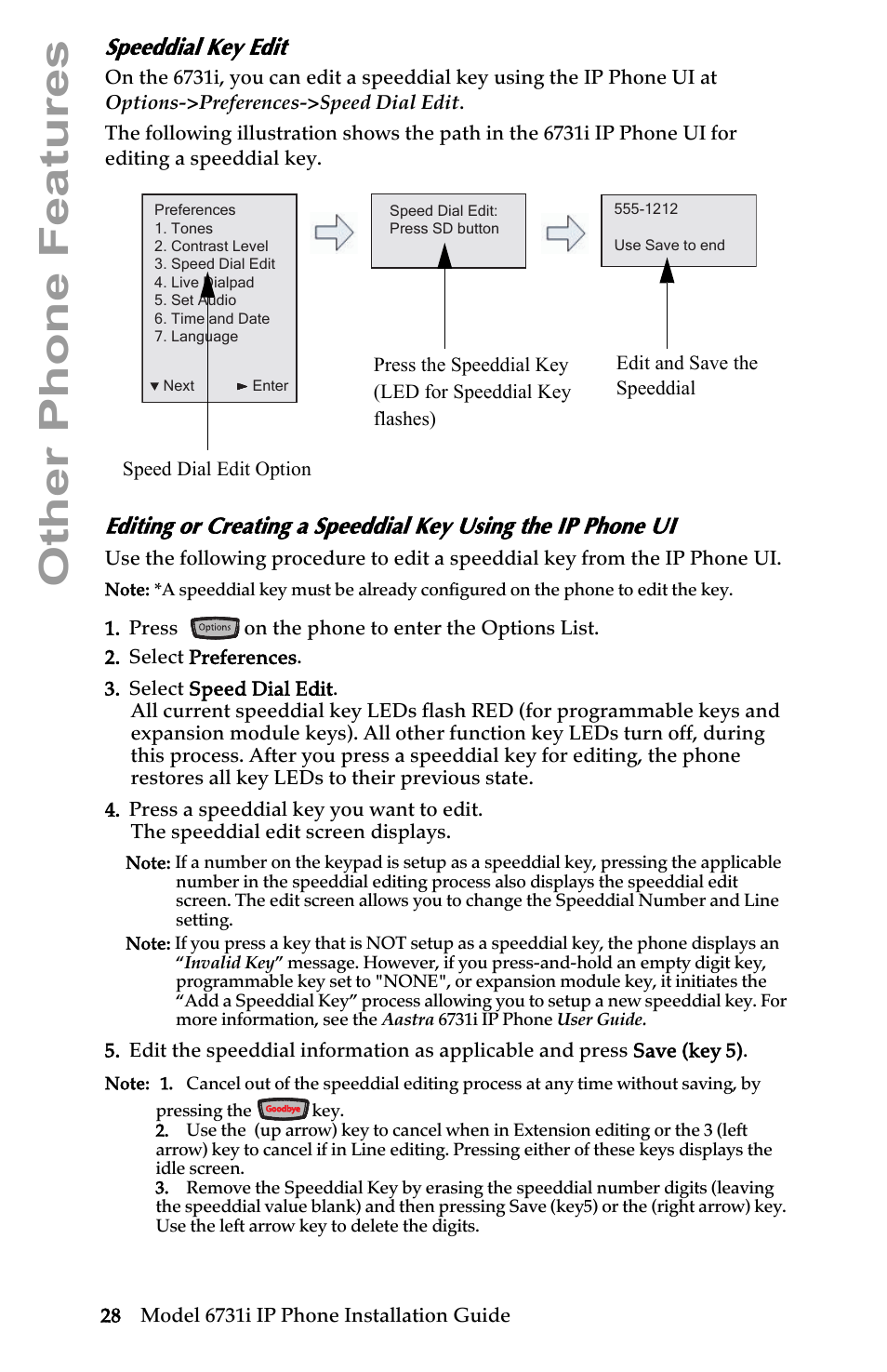 Speeddial key edit, Other phone features | Aastra Telecom 6731I User Manual | Page 34 / 44