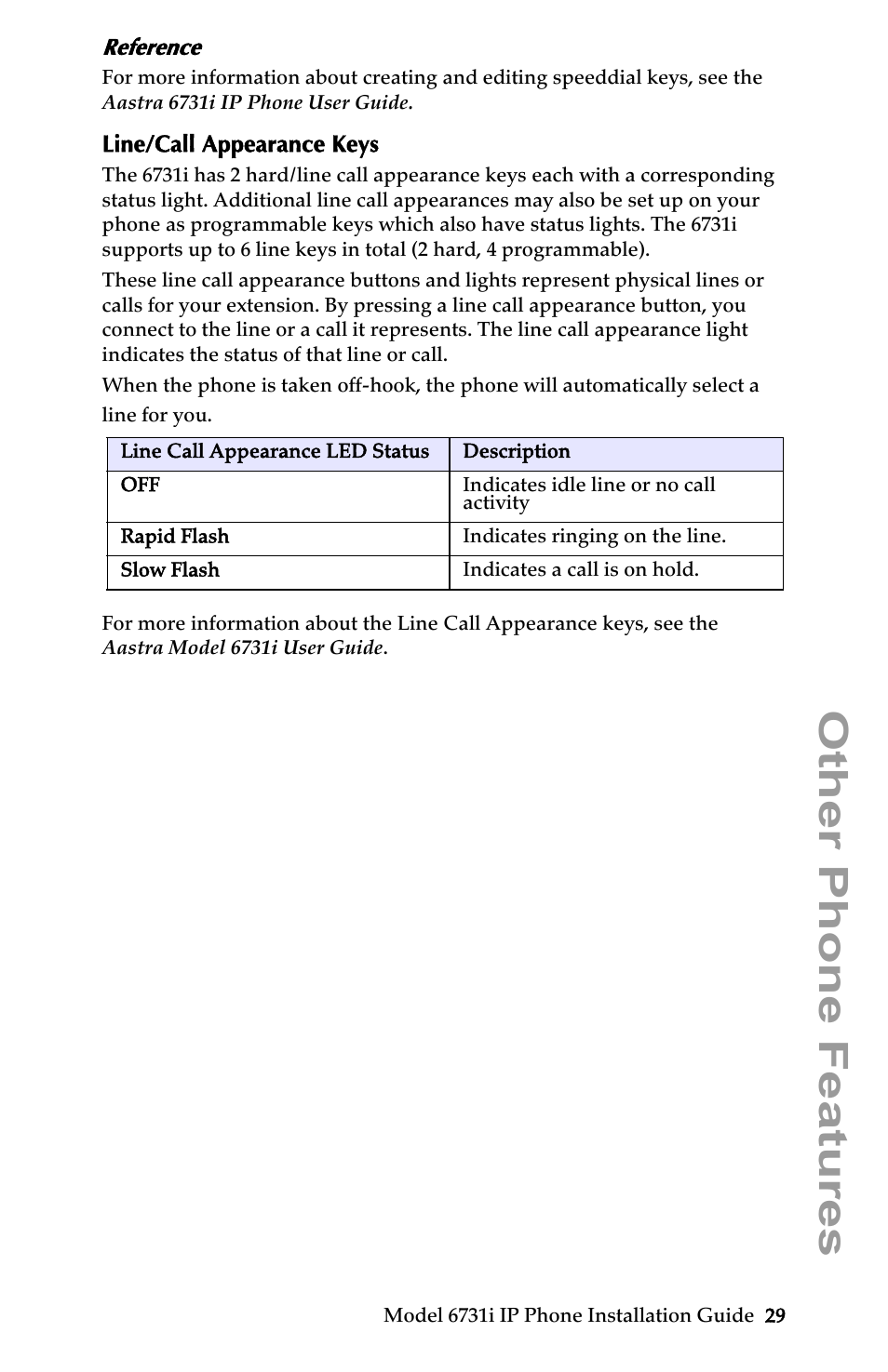 Reference, Line/call appearance keys, Other phone features | Aastra Telecom 6731I User Manual | Page 35 / 44